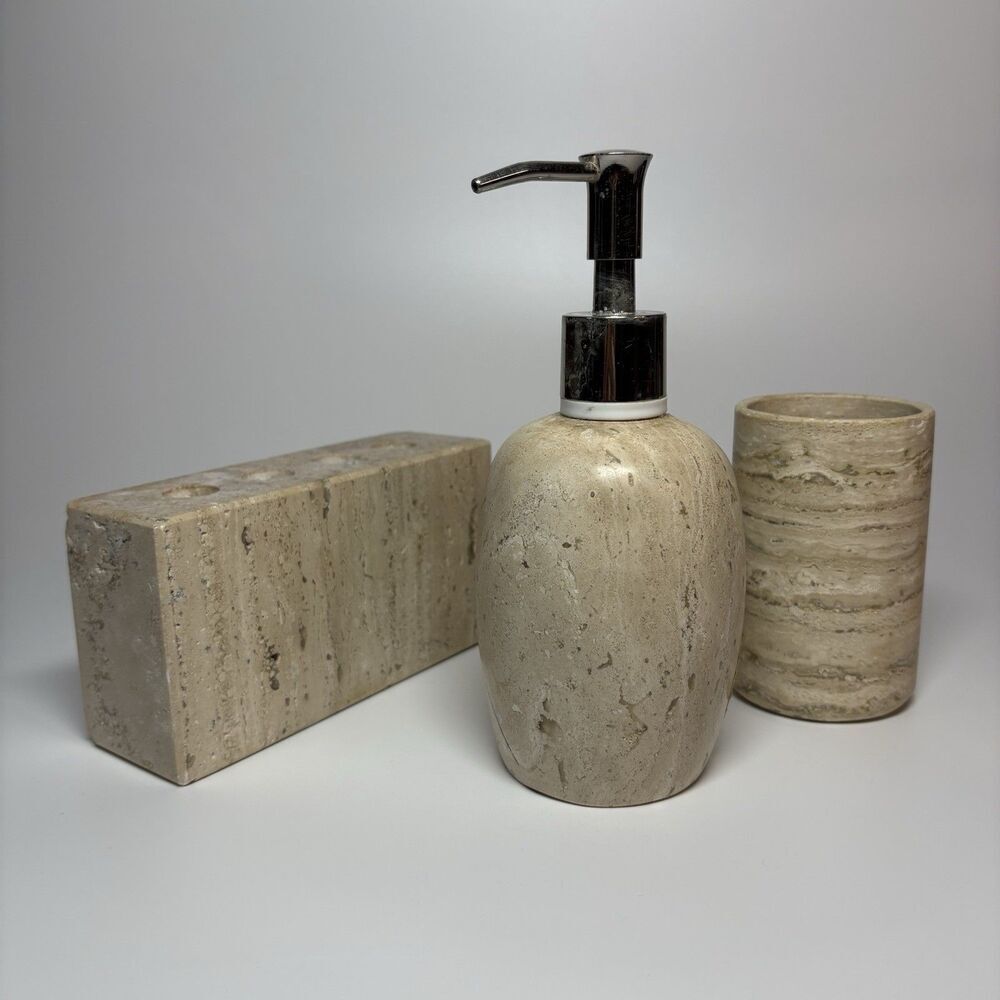 Vtg Marble Soap Dispenser Toothbrush Cup Set Frenchtex Mexico Travertine Marble